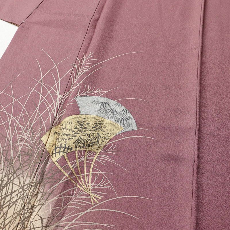付け下げ 良品 正絹 木の葉・植物柄 袷仕立て 身丈162cm 裄丈64.5cm 箔 小豆・エンジ_画像5