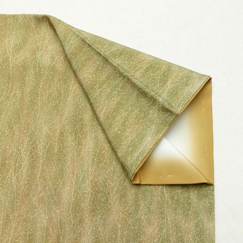 小紋 良品 縮緬 しつけ糸付き 総柄 正絹 木の葉・植物柄 袷仕立て 身丈157.5cm 裄丈65.5cm 緑・うぐいす色_画像12