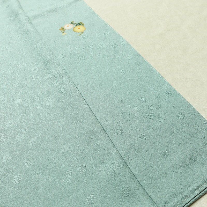 色無地 良品 しつけ糸付き 正絹 花柄 袷仕立て 身丈154cm 裄丈63cm 緑・うぐいす色_画像10