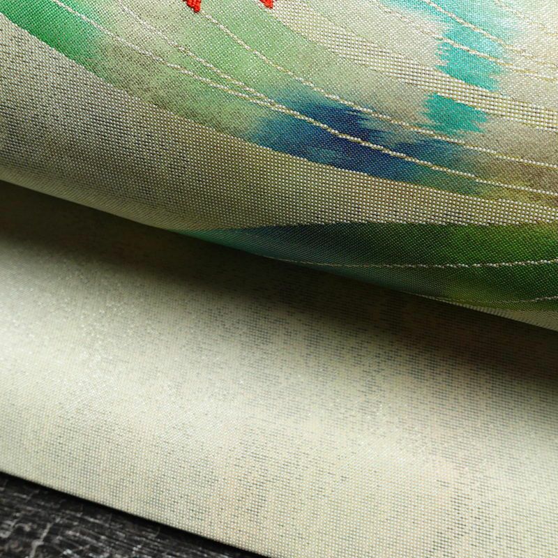 名古屋帯 太鼓柄 正絹 花柄 名古屋仕立て 緑・うぐいす色_画像6