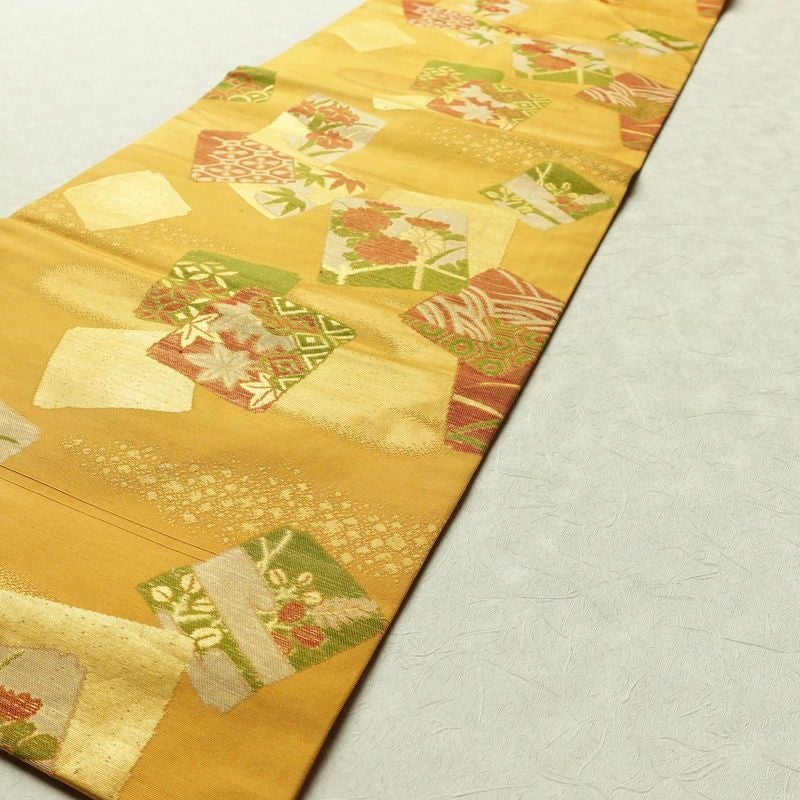 名古屋帯 六通柄 正絹 古典柄 名古屋仕立て 箔 黄・黄土色_画像7