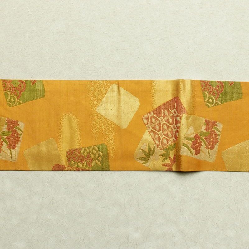 名古屋帯 六通柄 正絹 古典柄 名古屋仕立て 箔 黄・黄土色_画像12