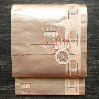 袋帯 六通柄 正絹 古典柄 箔 刺繍 御所車 ピンク
