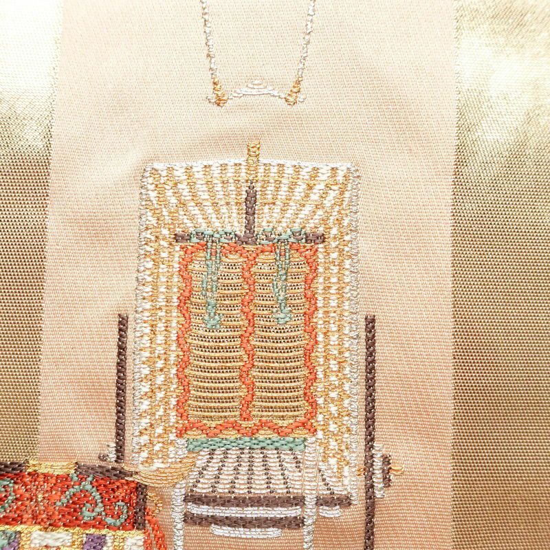 袋帯 六通柄 正絹 古典柄 箔 刺繍 御所車 ピンク_画像3