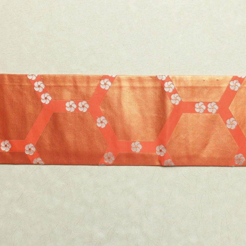 名古屋帯 全通柄 落款入り 正絹 亀甲柄 花柄 名古屋仕立て 橙_画像12