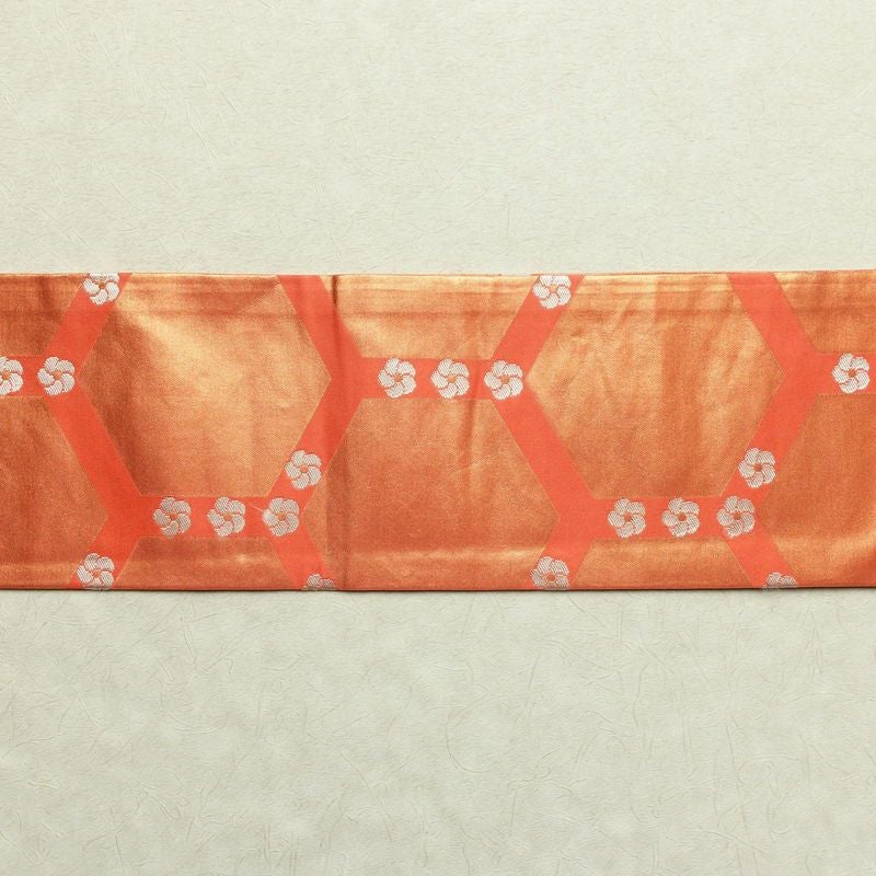 名古屋帯 全通柄 落款入り 正絹 亀甲柄 花柄 名古屋仕立て 橙_画像13