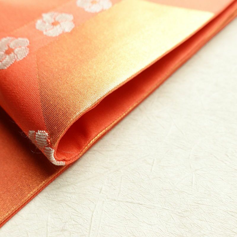 名古屋帯 全通柄 落款入り 正絹 亀甲柄 花柄 名古屋仕立て 橙_画像17