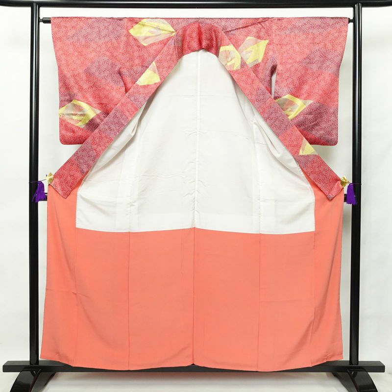 小紋 正絹 木の葉・植物柄 袷仕立て 身丈158cm 裄丈64.5cm 金彩 紅葉 赤・朱_画像3