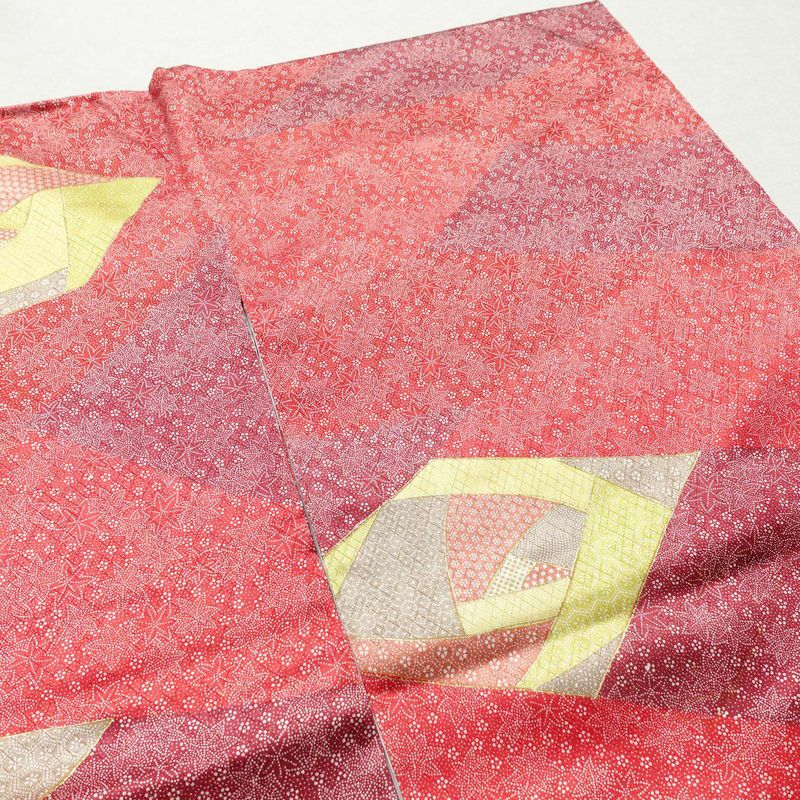 小紋 正絹 木の葉・植物柄 袷仕立て 身丈158cm 裄丈64.5cm 金彩 紅葉 赤・朱_画像10