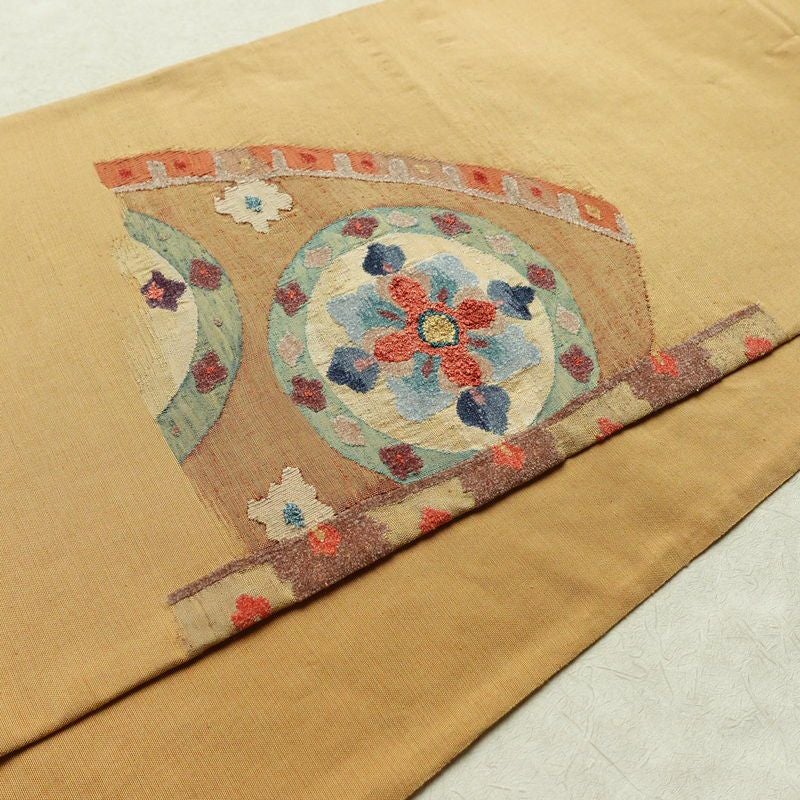 袋帯 太鼓柄 美品 一般用 正絹 幾何学柄・抽象柄 刺繍 黄・黄土色_画像11