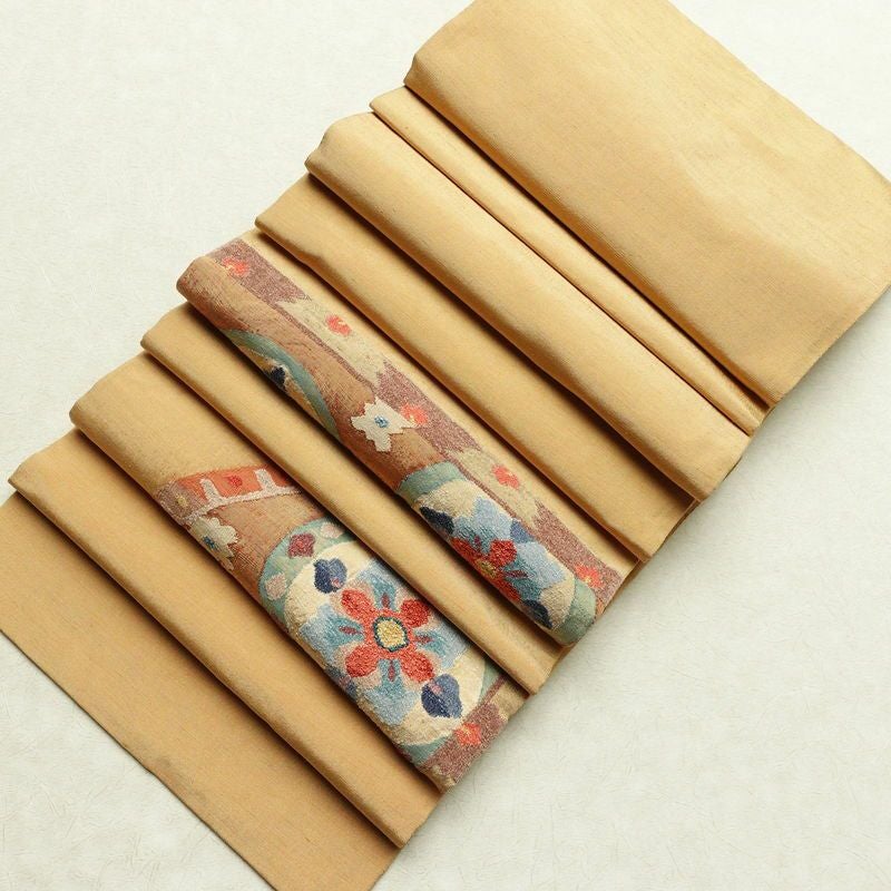 袋帯 太鼓柄 美品 一般用 正絹 幾何学柄・抽象柄 刺繍 黄・黄土色_画像18