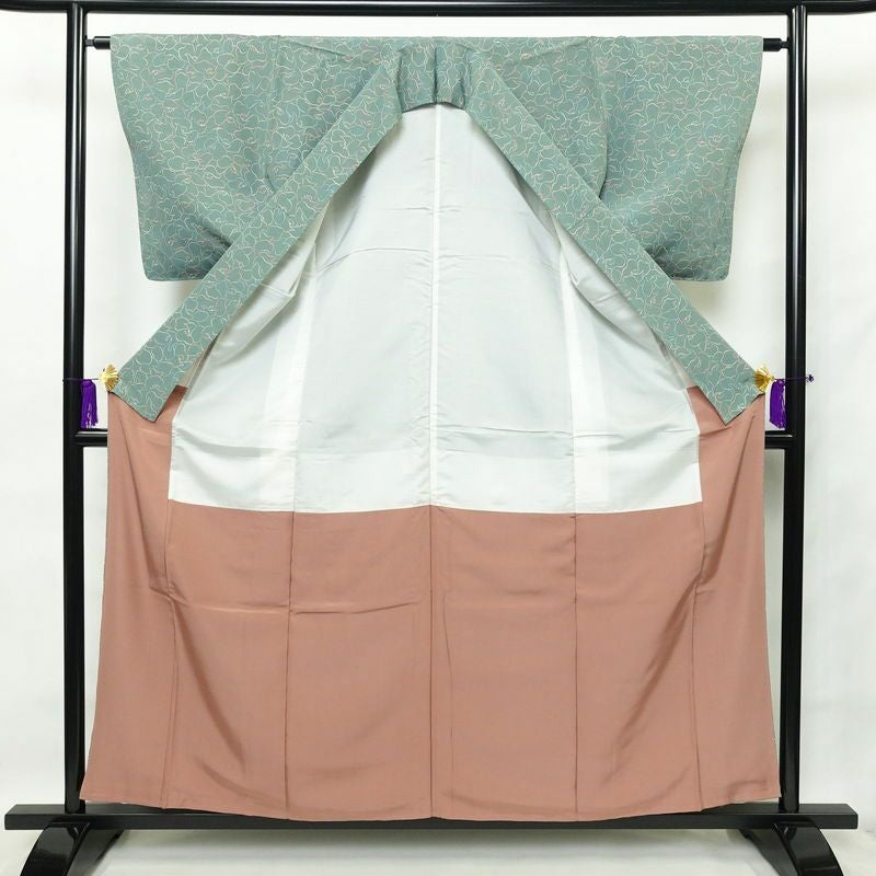 小紋 紬地 正絹 花柄 袷仕立て 身丈158cm 裄丈63.5cm 緑・うぐいす色_画像3