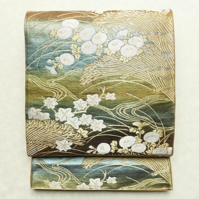 袋帯 六通柄 フォーマル用 正絹 木の葉・植物柄 万寿菊 箔 黄・黄土色