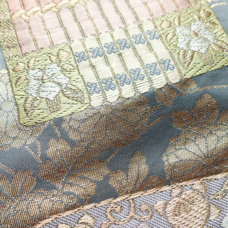 袋帯 六通柄 良品 フォーマル用 正絹 古典柄 箔 金糸 帯 青・紺 くすみブルー_画像6