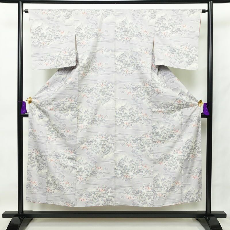 紬 良品 しつけ糸付き 正絹 風景柄 袷仕立て 身丈151.5cm 裄丈64cm 着物 紫・藤色_画像1