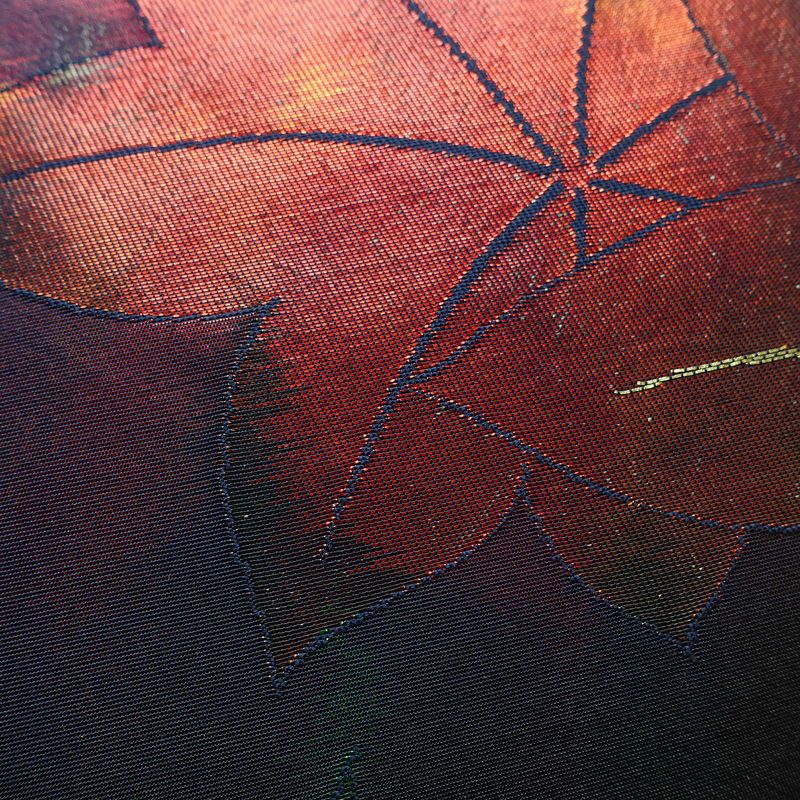 名古屋帯 六通柄 正絹 木の葉・植物柄 名古屋仕立て 箔 帯 紅葉 青・紺_画像3