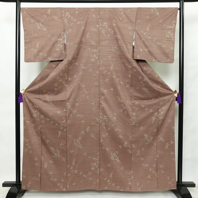 小紋 紬地 正絹 木の葉・植物柄 袷仕立て 身丈164cm 裄丈67cm 着物 小豆・エンジ_画像1