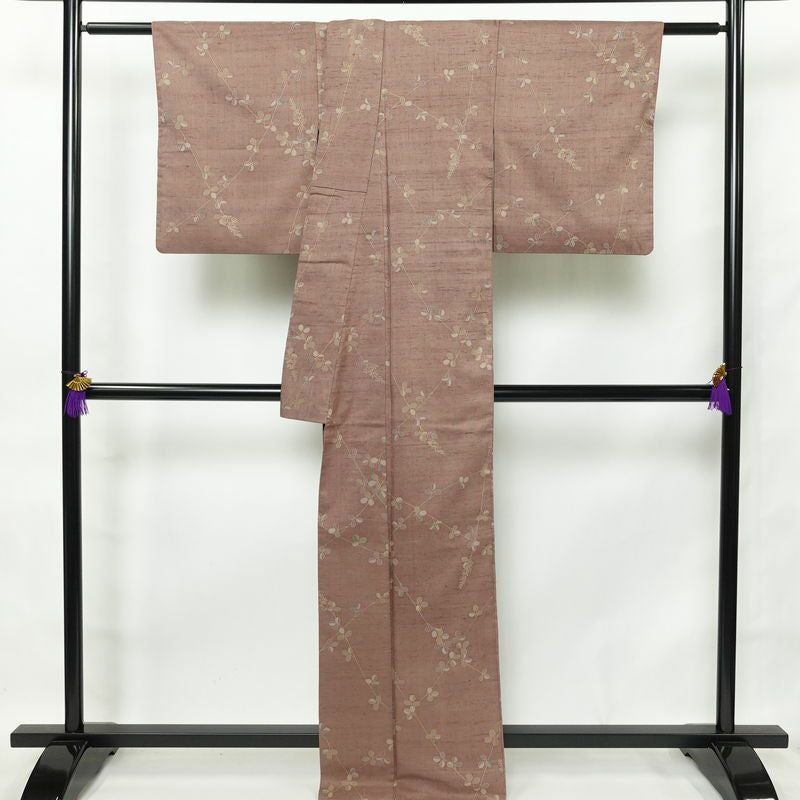 小紋 紬地 正絹 木の葉・植物柄 袷仕立て 身丈164cm 裄丈67cm 着物 小豆・エンジ_画像2