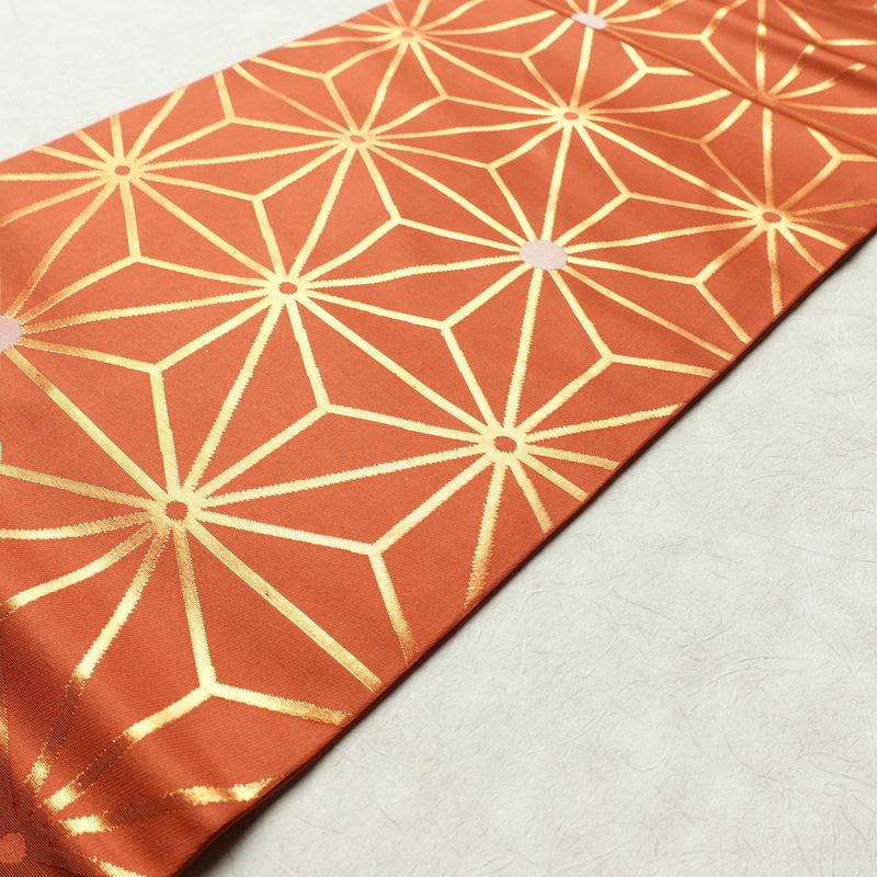 名古屋帯 六通柄 良品 正絹 麻の葉柄 名古屋仕立て 箔 帯 橙_画像10