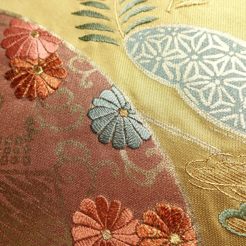 袋帯 太鼓柄 フォーマル用 正絹 古典柄 箔 刺繍 金糸 帯 扇子 松 黄・黄土色_画像5
