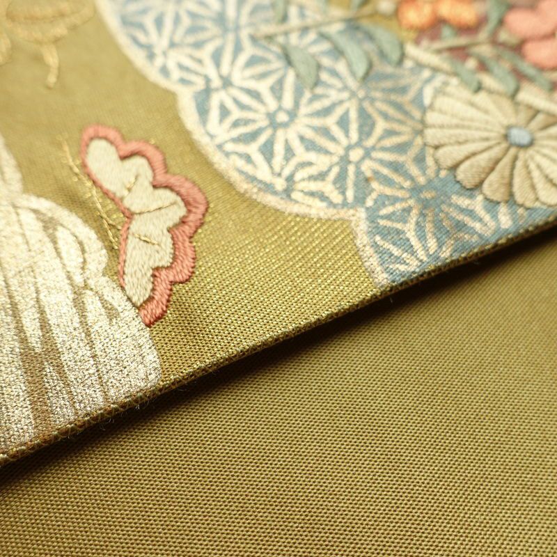 袋帯 太鼓柄 フォーマル用 正絹 古典柄 箔 刺繍 金糸 帯 扇子 松 黄・黄土色_画像13
