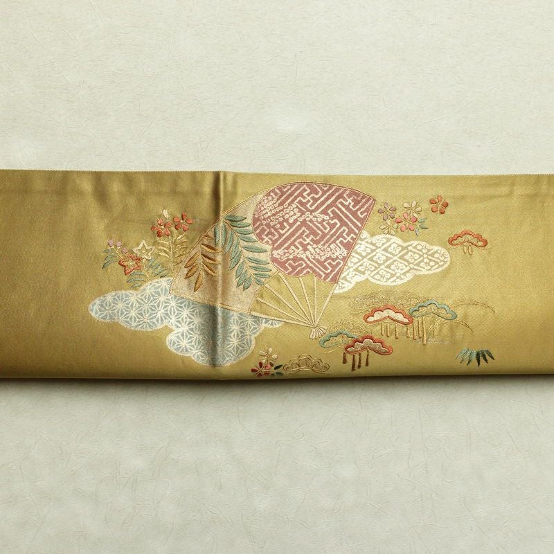 袋帯 太鼓柄 フォーマル用 正絹 古典柄 箔 刺繍 金糸 帯 扇子 松 黄・黄土色_画像15