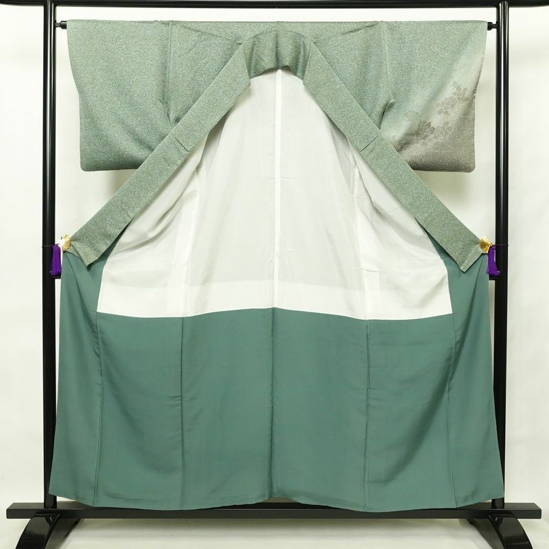 付け下げ 良品 正絹 花柄 袷仕立て 身丈156cm 裄丈65cm フォーマル 着物 緑・うぐいす色_画像3
