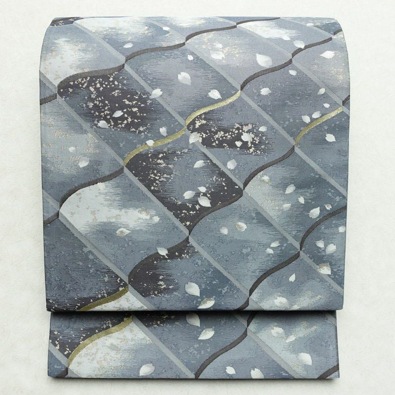 袋帯 六通柄 美品 フォーマル用 正絹 古典柄 金糸 銀糸 帯 桜 花びら 青・紺_画像1