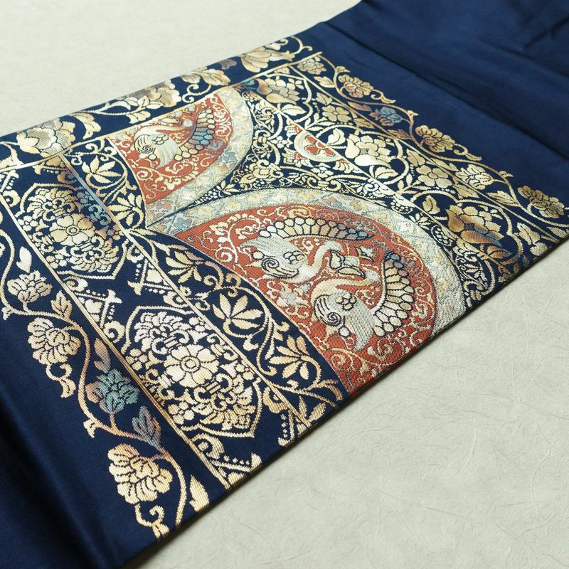 名古屋帯 太鼓柄 正絹 幾何学柄・抽象柄 名古屋仕立て 箔 帯 青・紺_画像9