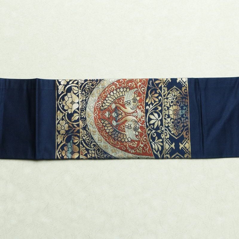 名古屋帯 太鼓柄 正絹 幾何学柄・抽象柄 名古屋仕立て 箔 帯 青・紺_画像15