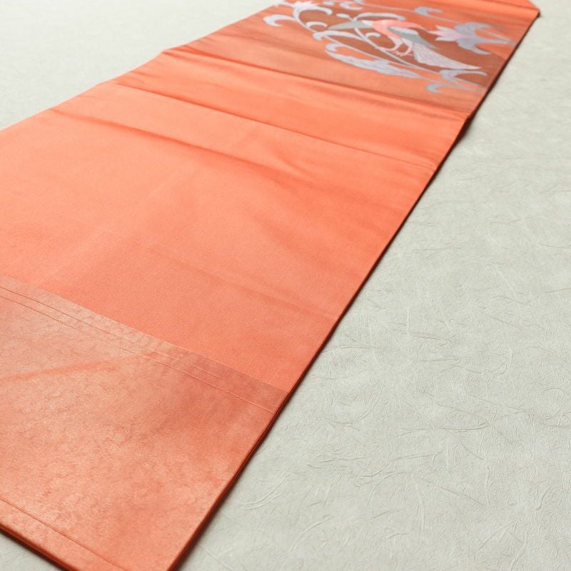 名古屋帯 太鼓柄 美品 正絹 人物・動物柄 名古屋仕立て 帯 鳥 橙_画像8