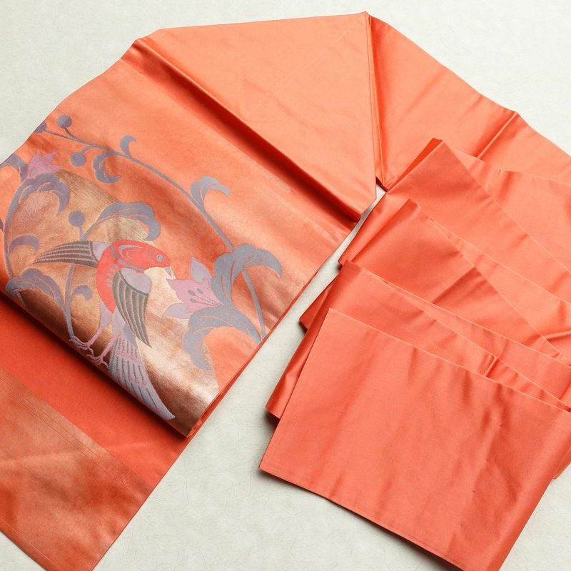 名古屋帯 太鼓柄 美品 正絹 人物・動物柄 名古屋仕立て 帯 鳥 橙_画像16