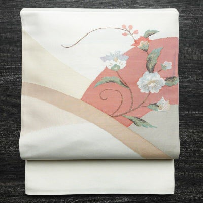 袋帯 太鼓柄 一般用 正絹 花柄 帯 上品 白