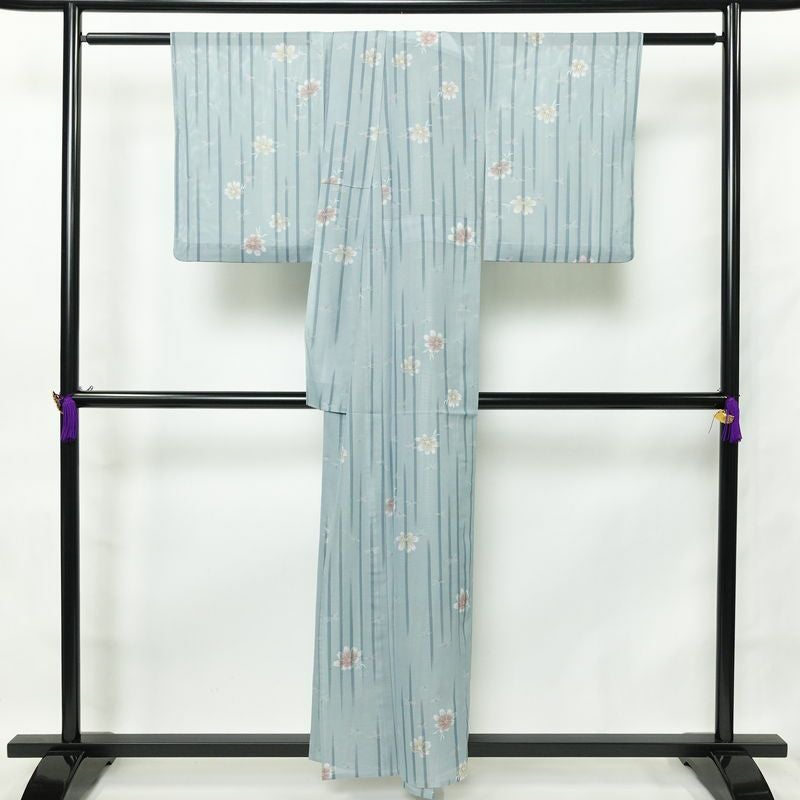 盛夏 小紋 良品 夏用 絽 正絹 花柄 単衣仕立て 身丈154.5cm 裄丈63cm 着物 青・紺_画像2