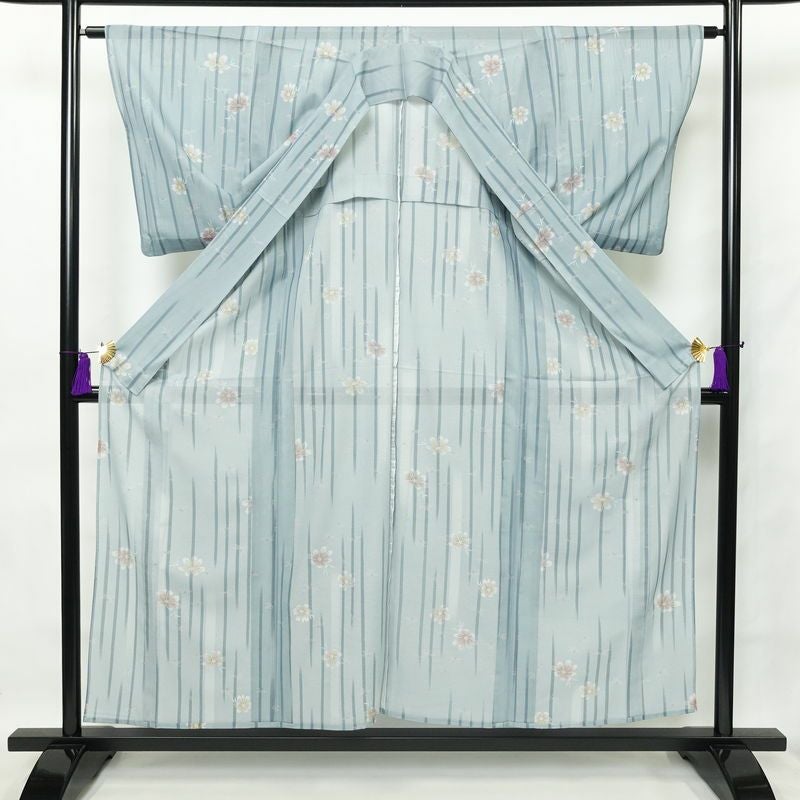 盛夏 小紋 良品 夏用 絽 正絹 花柄 単衣仕立て 身丈154.5cm 裄丈63cm 着物 青・紺_画像3