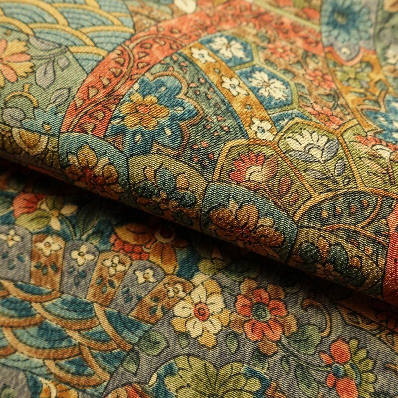 小紋 良品 縮緬 正絹 幾何学柄・抽象柄 袷仕立て 身丈156cm 裄丈65.5cm 着物 黄・黄土色_画像20