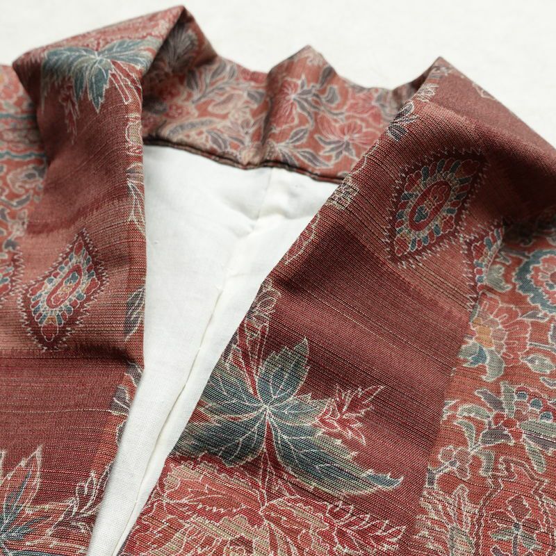 小紋 紬地 美品 胴抜き仕立て しつけ糸付き 正絹 幾何学柄・抽象柄 身丈165cm 裄丈67cm 茶_画像16