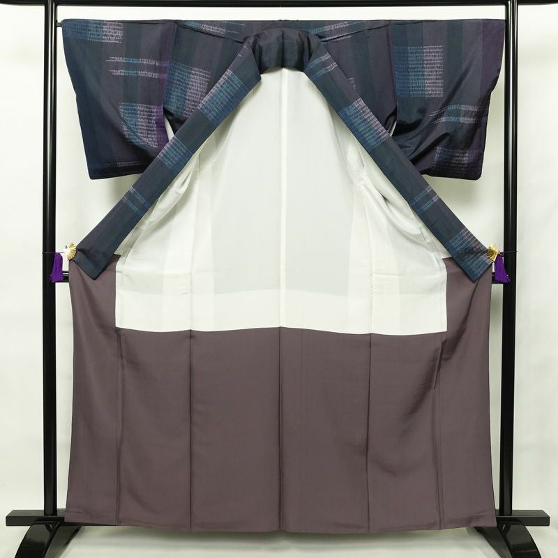 大島紬 証紙あり 絞り 正絹 縞柄・線柄 袷仕立て 身丈162cm 裄丈67cm 青・紺_画像3