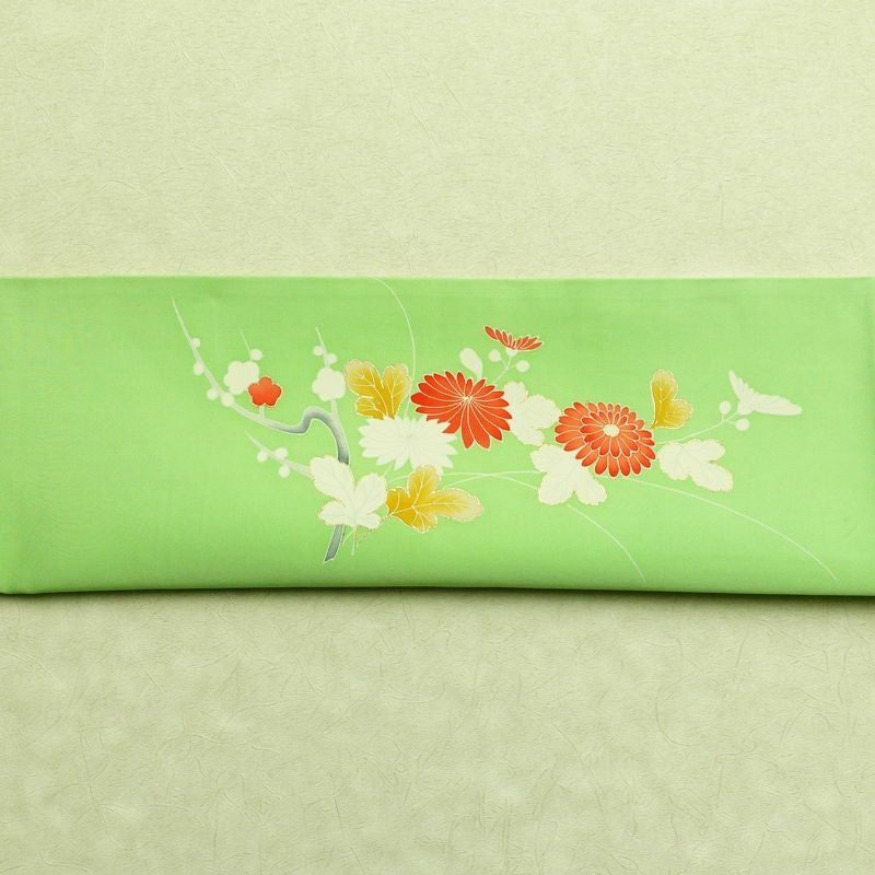 名古屋帯 太鼓柄 金駒刺繍 正絹 木の葉・植物柄 通し仕立て 箔 緑・うぐいす色_画像12