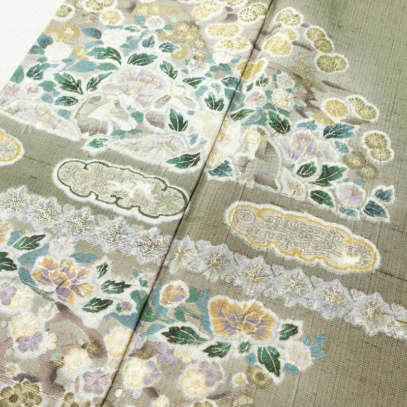 訪問着 良品 三猿 紬地 正絹 花柄 袷仕立て 身丈162.5cm 裄丈66cm 箔 一部しつけ糸付き 金彩 緑・うぐいす色_画像6