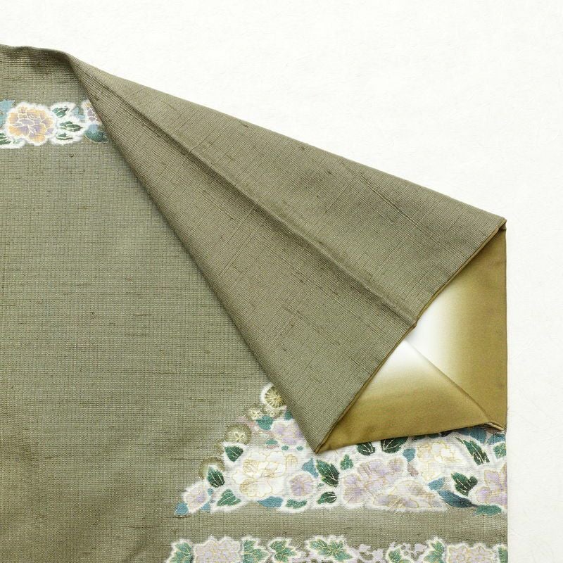訪問着 良品 三猿 紬地 正絹 花柄 袷仕立て 身丈162.5cm 裄丈66cm 箔 一部しつけ糸付き 金彩 緑・うぐいす色_画像13