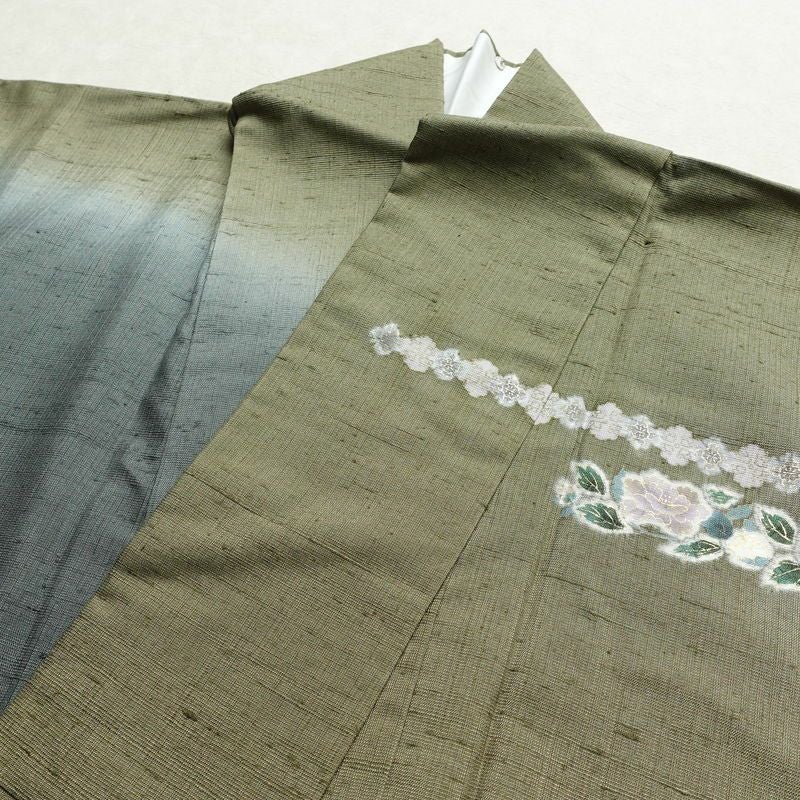 訪問着 良品 三猿 紬地 正絹 花柄 袷仕立て 身丈162.5cm 裄丈66cm 箔 一部しつけ糸付き 金彩 緑・うぐいす色_画像15