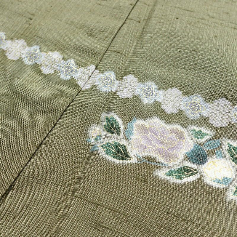 訪問着 良品 三猿 紬地 正絹 花柄 袷仕立て 身丈162.5cm 裄丈66cm 箔 一部しつけ糸付き 金彩 緑・うぐいす色_画像16