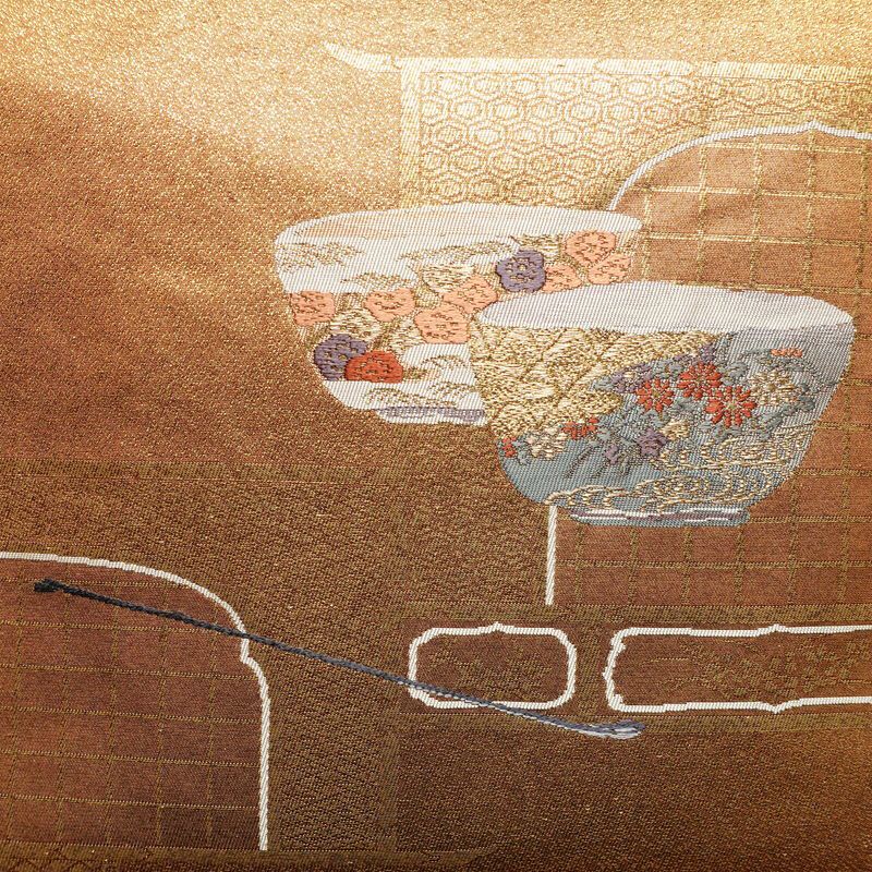 名古屋帯 太鼓柄 正絹 その他の柄 名古屋仕立て 刺繍 金通し 茶_画像2