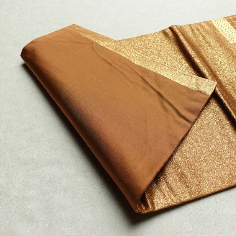 名古屋帯 太鼓柄 正絹 その他の柄 名古屋仕立て 刺繍 金通し 茶_画像9
