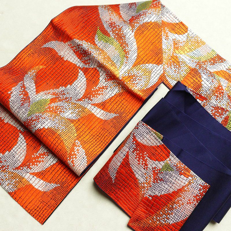 名古屋帯 六通柄 正絹 木の葉・植物柄 名古屋仕立て 橙_画像17