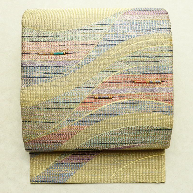 袋帯 六通柄 良品 飾り付き フォーマル用 正絹 流水・波柄 クリーム_画像1