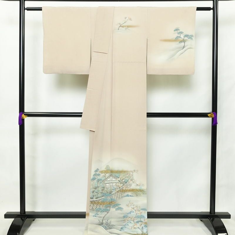 付け下げ 光悦寺 落款入り 縮緬 正絹 風景柄 袷仕立て 身丈172cm 裄丈68cm ピンク_画像2