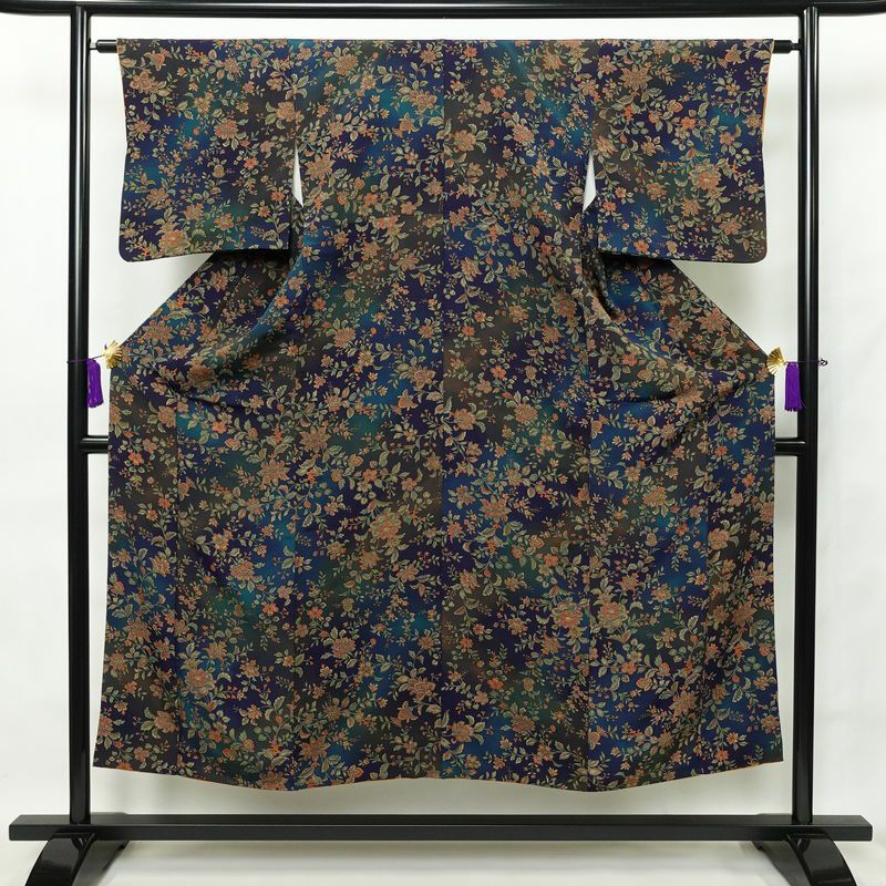 小紋 総柄 正絹 花柄 袷仕立て 身丈149cm 裄丈64cm 青・紺_画像1