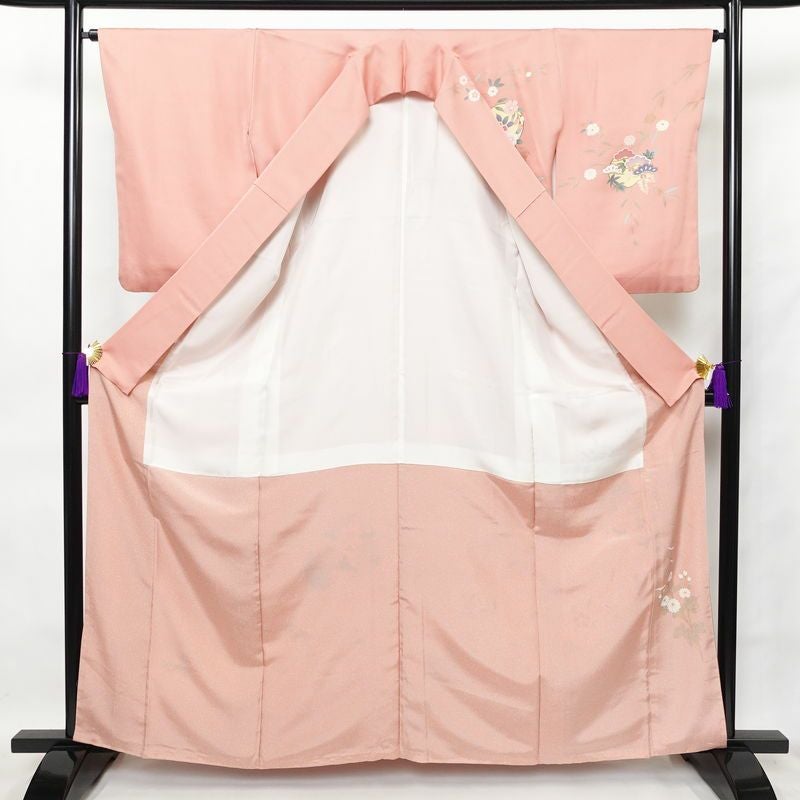 訪問着 正絹 古典柄 身丈163cm 裄丈65.5cm 箔 金彩 御所車 梅 松 菊 ピンク_画像3